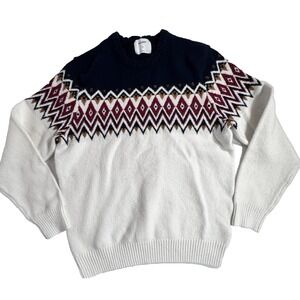 Sweater Womens Large Fair Isle Chunky Knit Cozy Soft Fisherman Preppy White/Blue